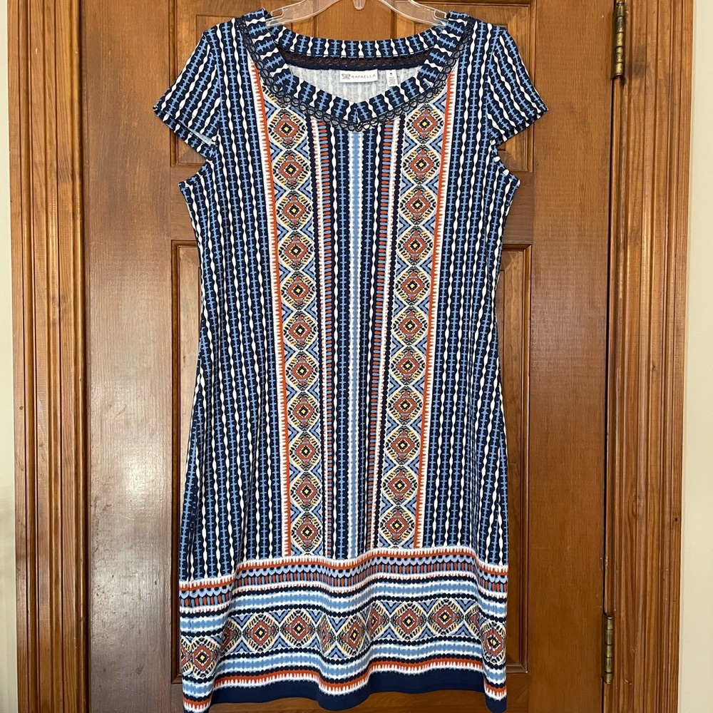 Rafaella Women's Navy Multicolor Printed Soft Cap-Sleeve Dress, NWT, Size Medium
